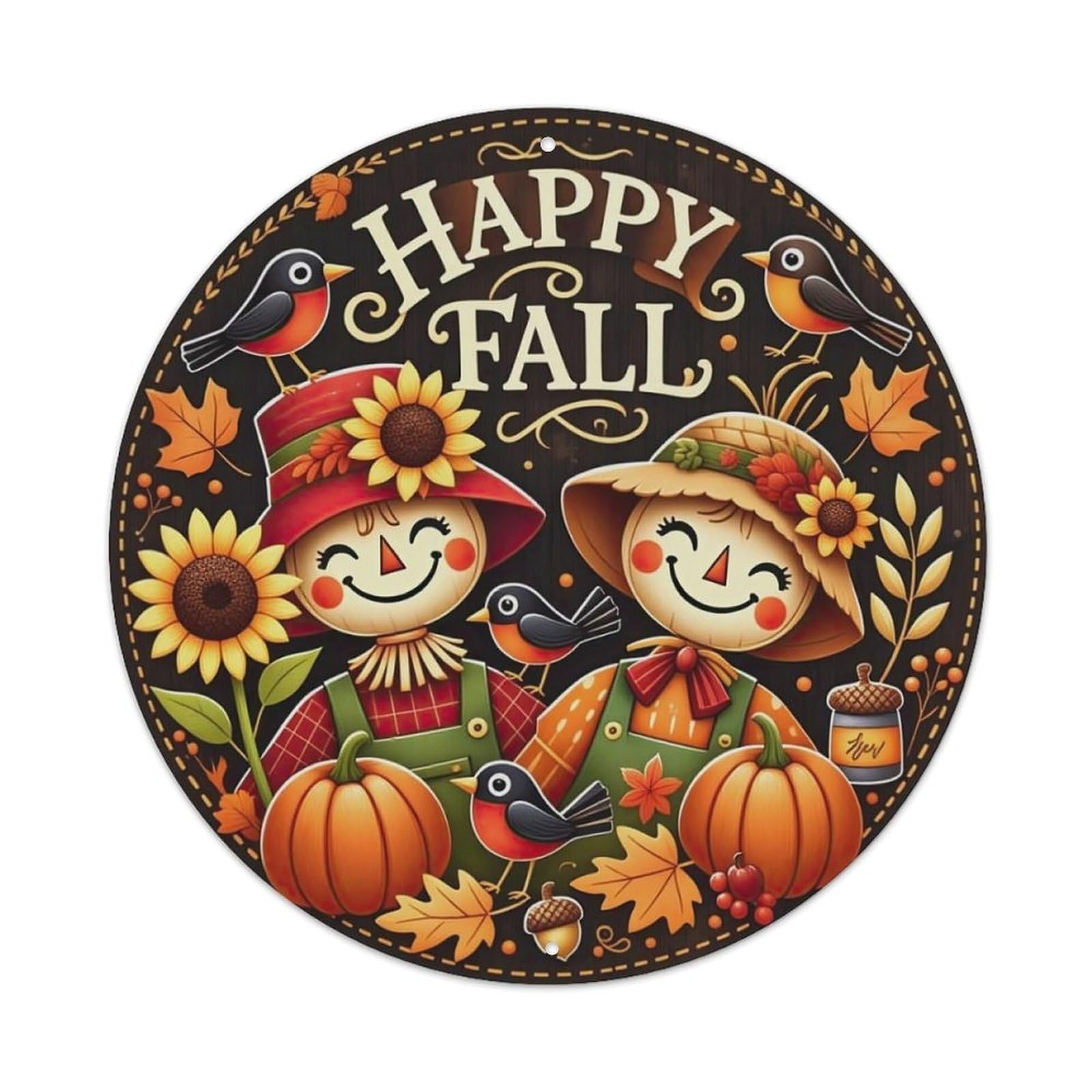 Happy Fall Scarecrows Pumpkins Birds Metal Tin Sign