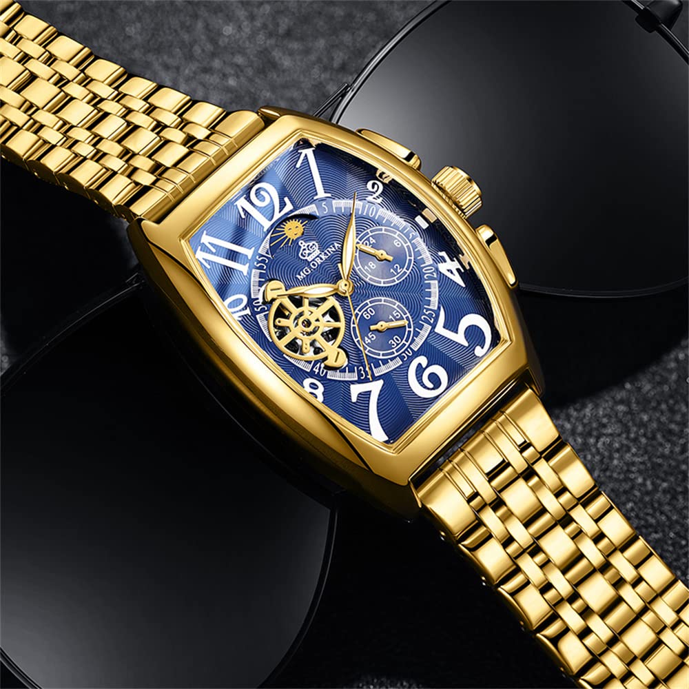 FORSINING Mode Männer Rechteckige Uhren Tourbillon Automatische Edelstahl Uhr Wasserdicht Casual Business Mechanische Armbanduhr, Goldfarben/Blau, Armband