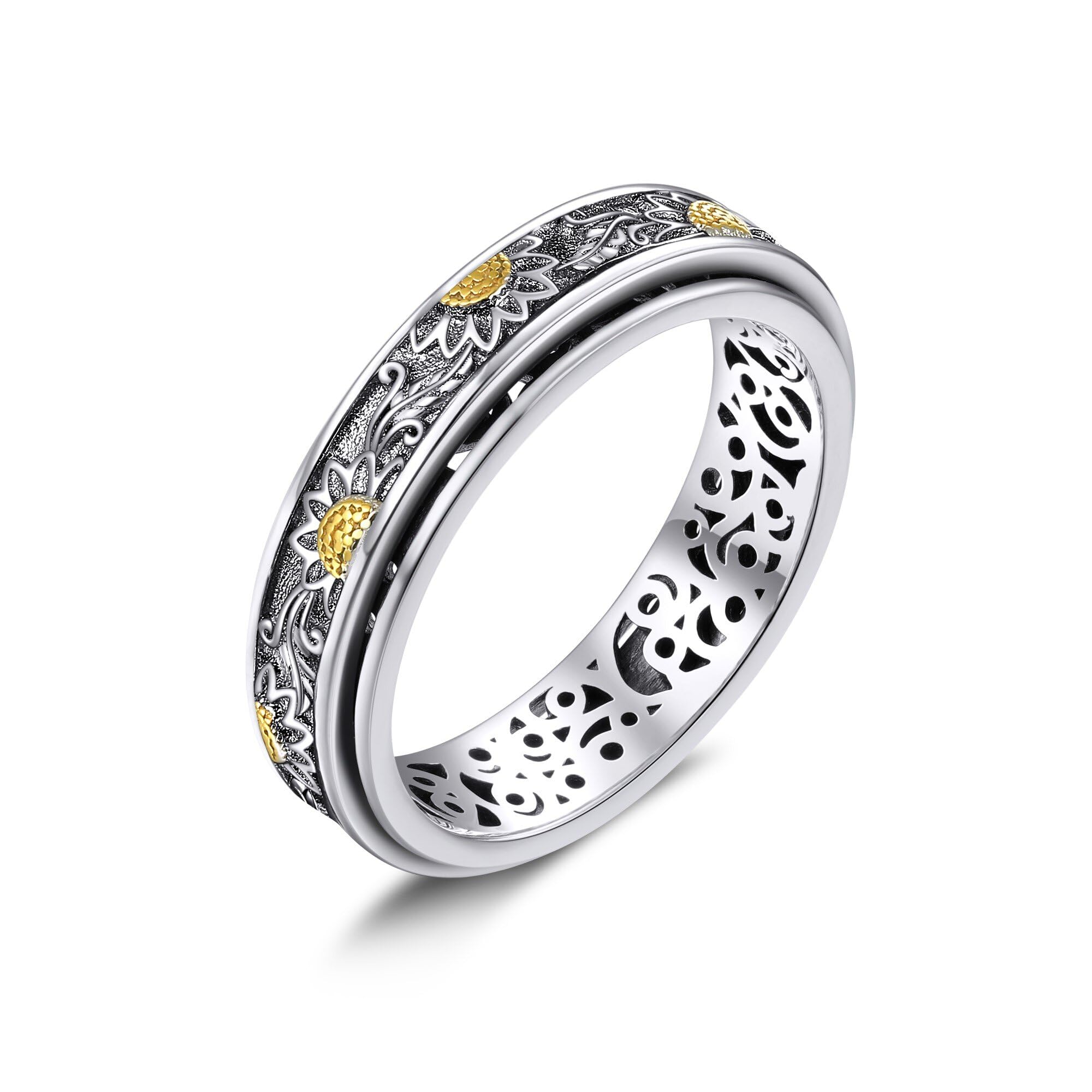 Anillo giratorio de girasol de plata de ley con flores para aliviar el estrés para mujeres, regalo para mujeres