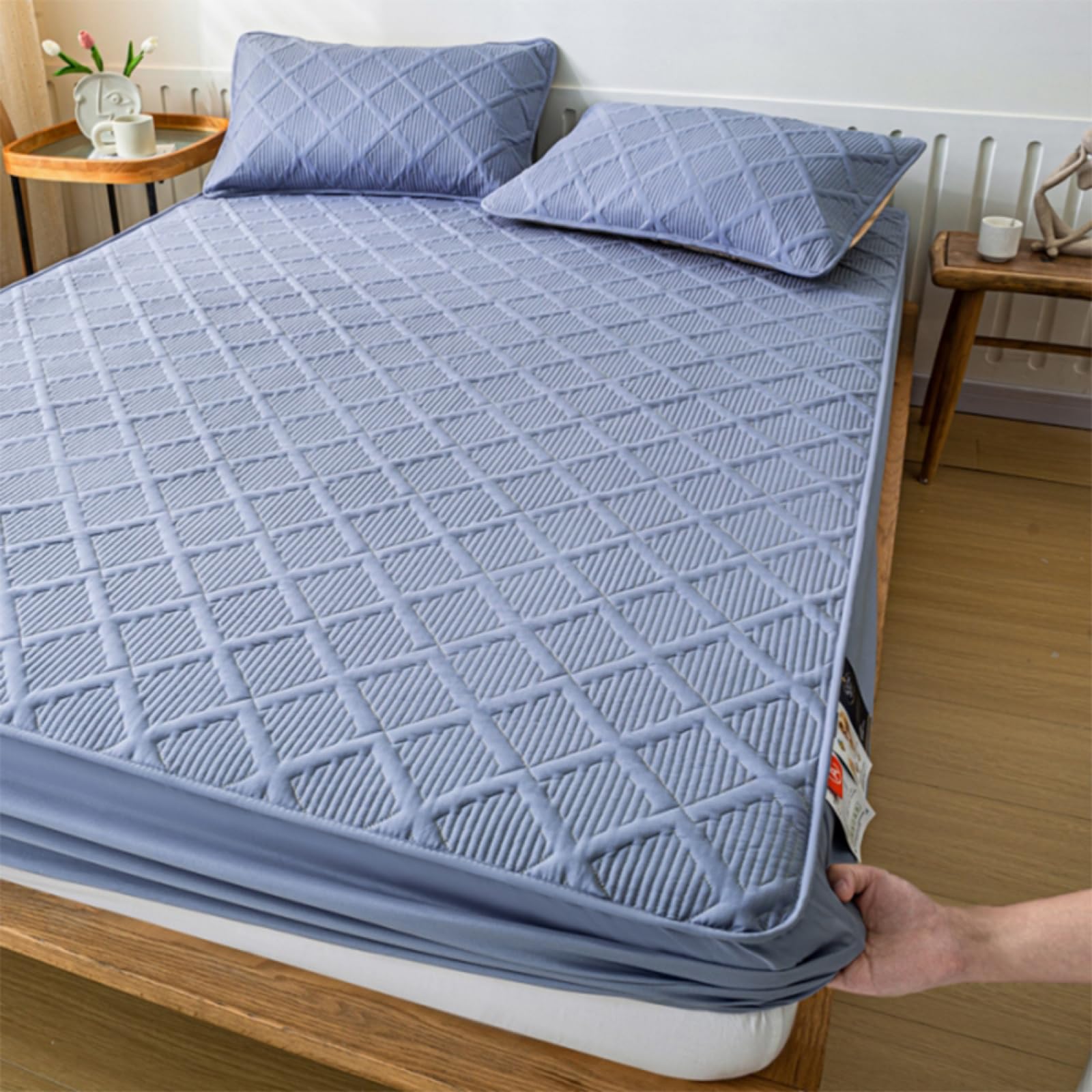 Sábana bajera ajustable de 200 x 220 cm de profundidad, 100 % algodón, suave y transpirable, color azul y gris, lujosa y cómoda, respetuosa con el medio ambiente para una mejor experiencia de sueño