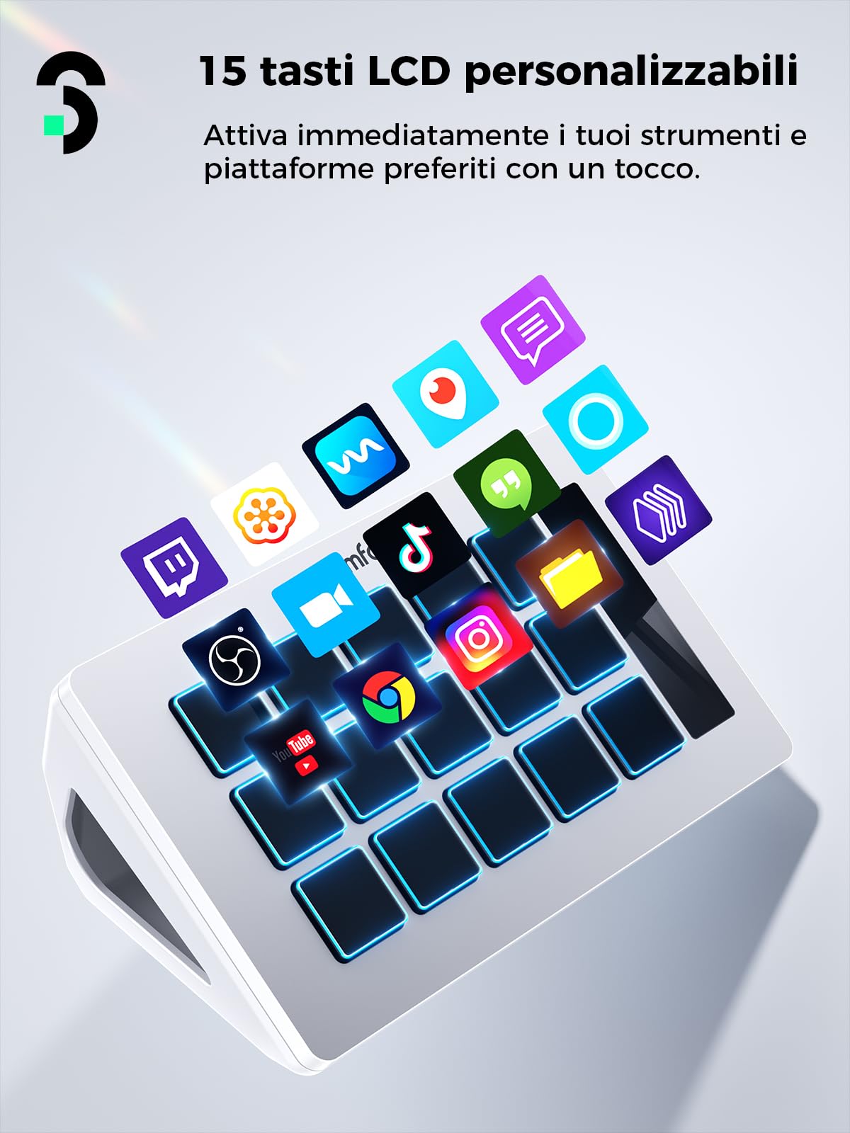 SOOMFON Stream Controller Deck Bianco, Aggiornata con 15 Macro Pulsanti LCD Personalizzabili per Attivare Azioni in OBS, Twitch, YouTube, per Live-Streaming, Editing di Foto e Video