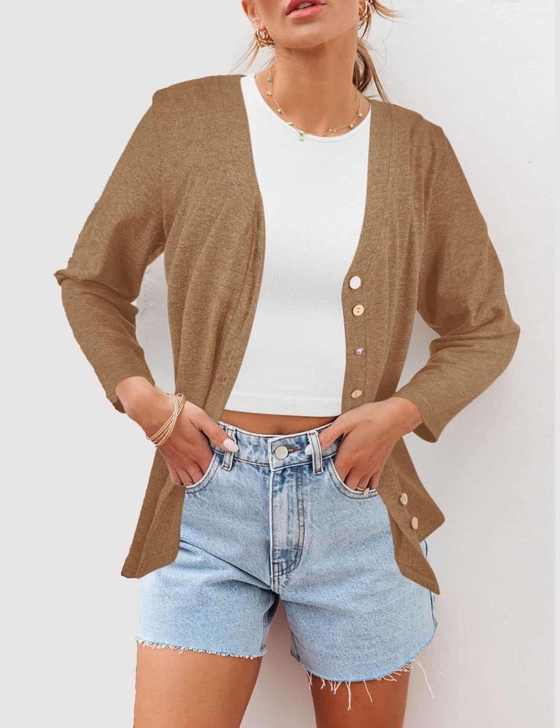 Dailiup Women's V Neck 3/4 Sleeve T-Shirts Button Down Cardigans Casual Solid Tunic Tops Basic Tees Blouses - Image 2