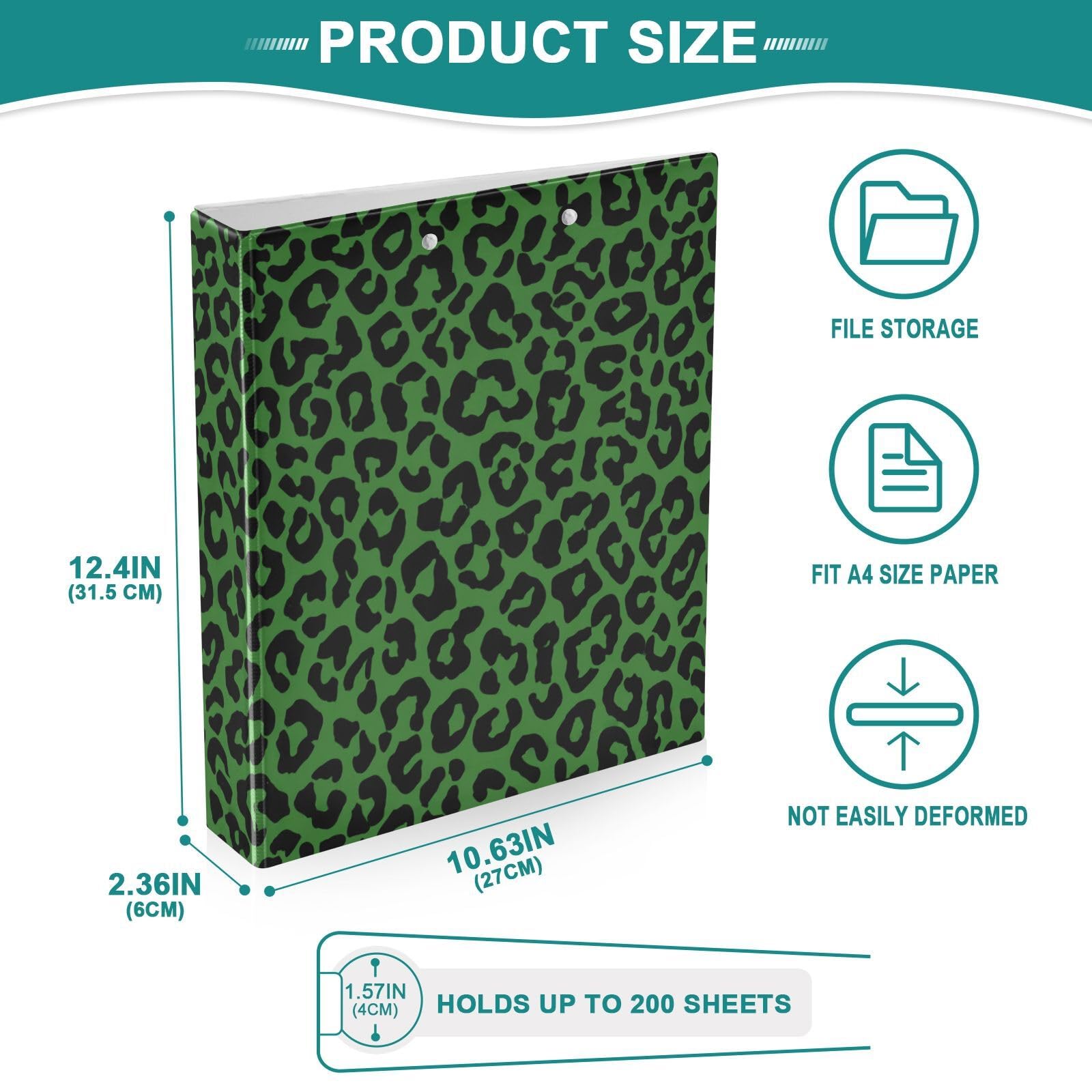 Kcldeci Raccoglitore a 3 anelli con copertina rigida, verde pelle di leopardo, 3,8 cm, organizer per 200 fogli per ufficio/casa/rientro a scuola, confezione da 2