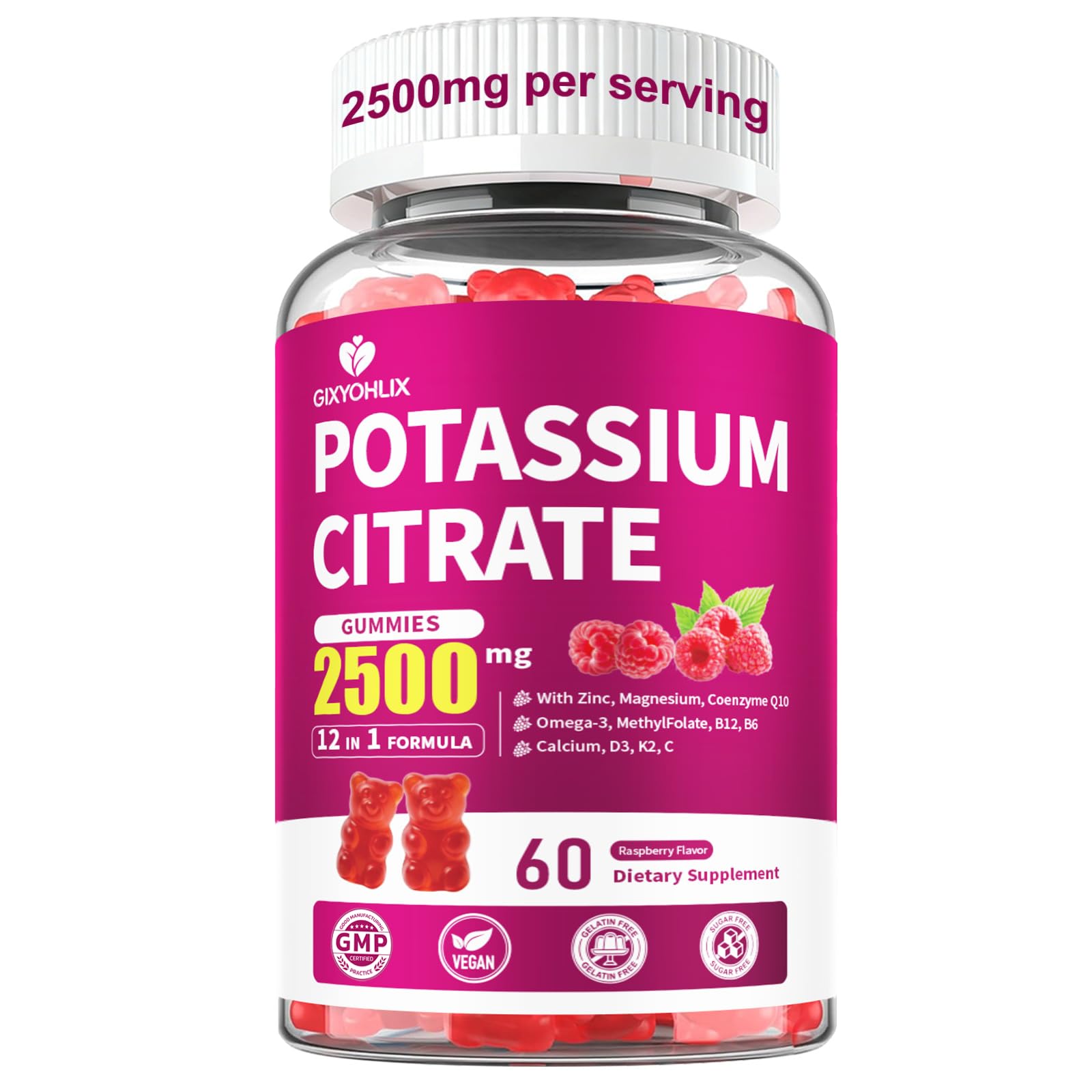 2500mg Potassium Citrate Gummies, Potassium Supplement with D3 K2, 1 Pack