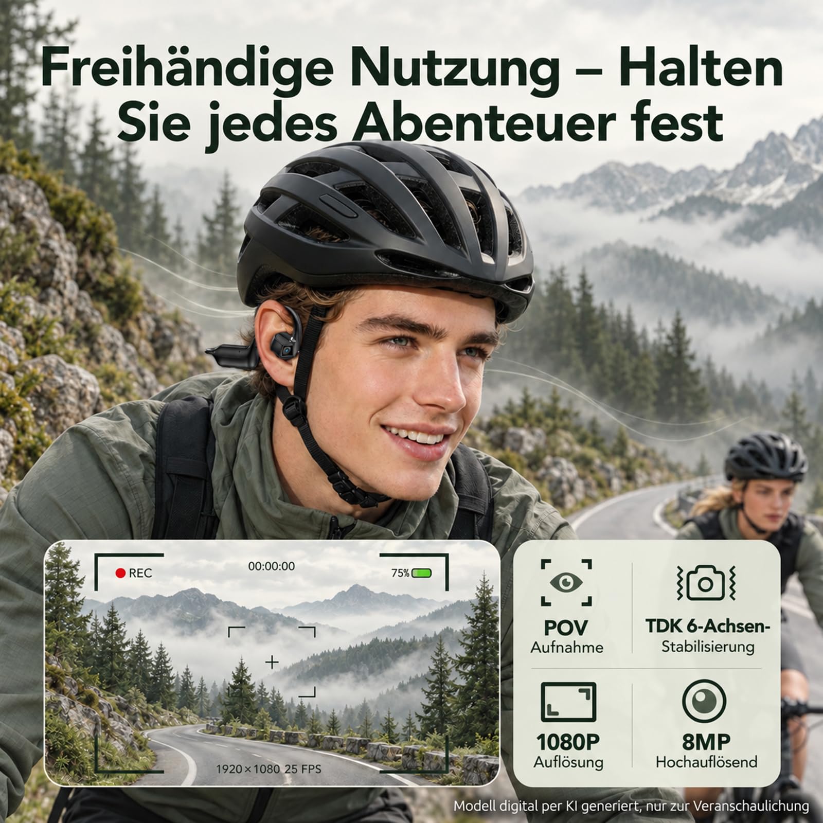 Knochenschall Kopfhörer mit 8MP Kamera, Open Ear Bluetooth Kopfhörer Kabellos, 1080P Video & EIS, KI-Übersetzung & Objekterkennung, 8GB Speicher, Sportkopfhörer für Radfahren, Laufen & Reisen