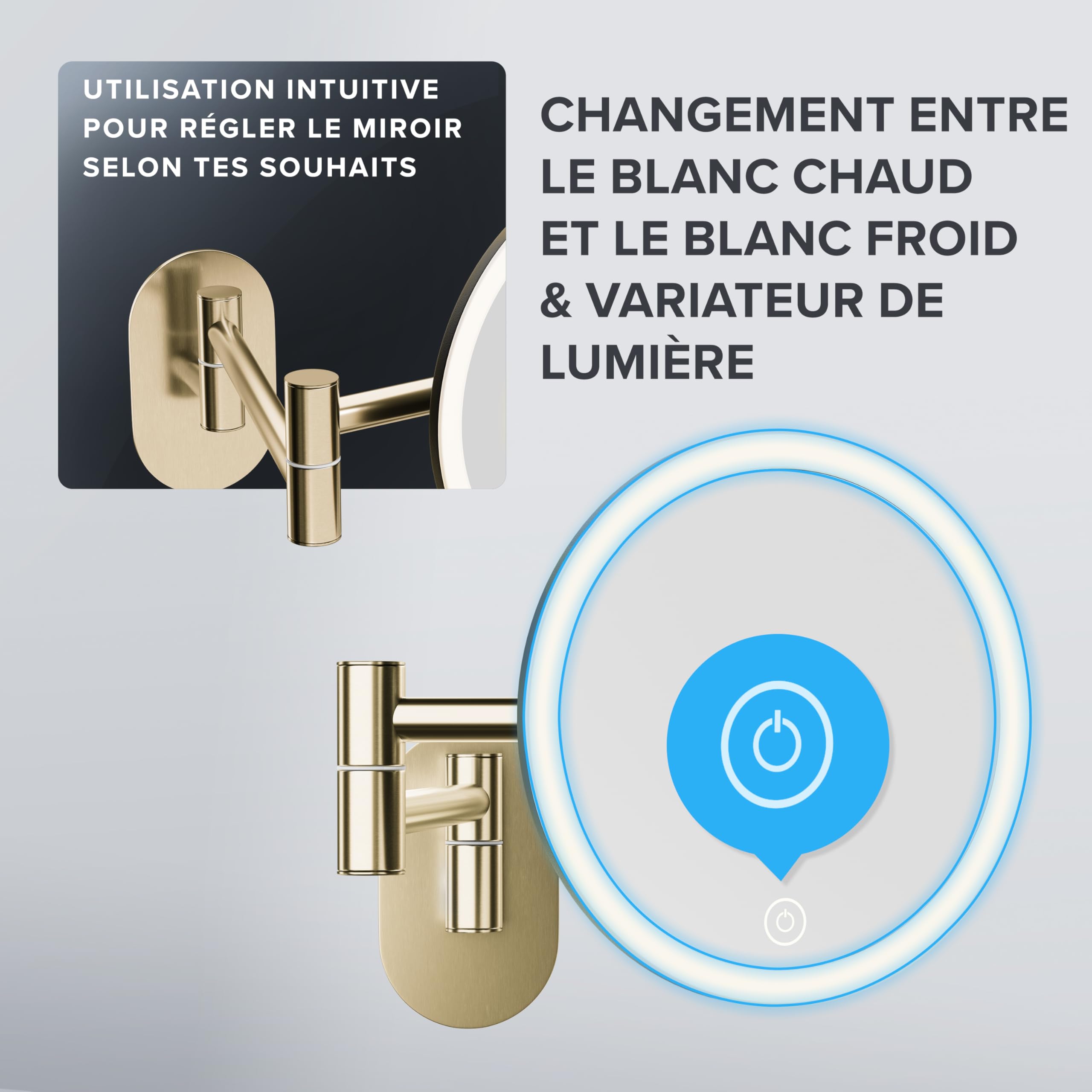 Ovimar Cosmétique Blavand Or | Éclairage | Rechargeable | Montage Mural sans Perçage | Salle de Bain | Miroir Grossissant 5X | Miroir de Maquillage 360°