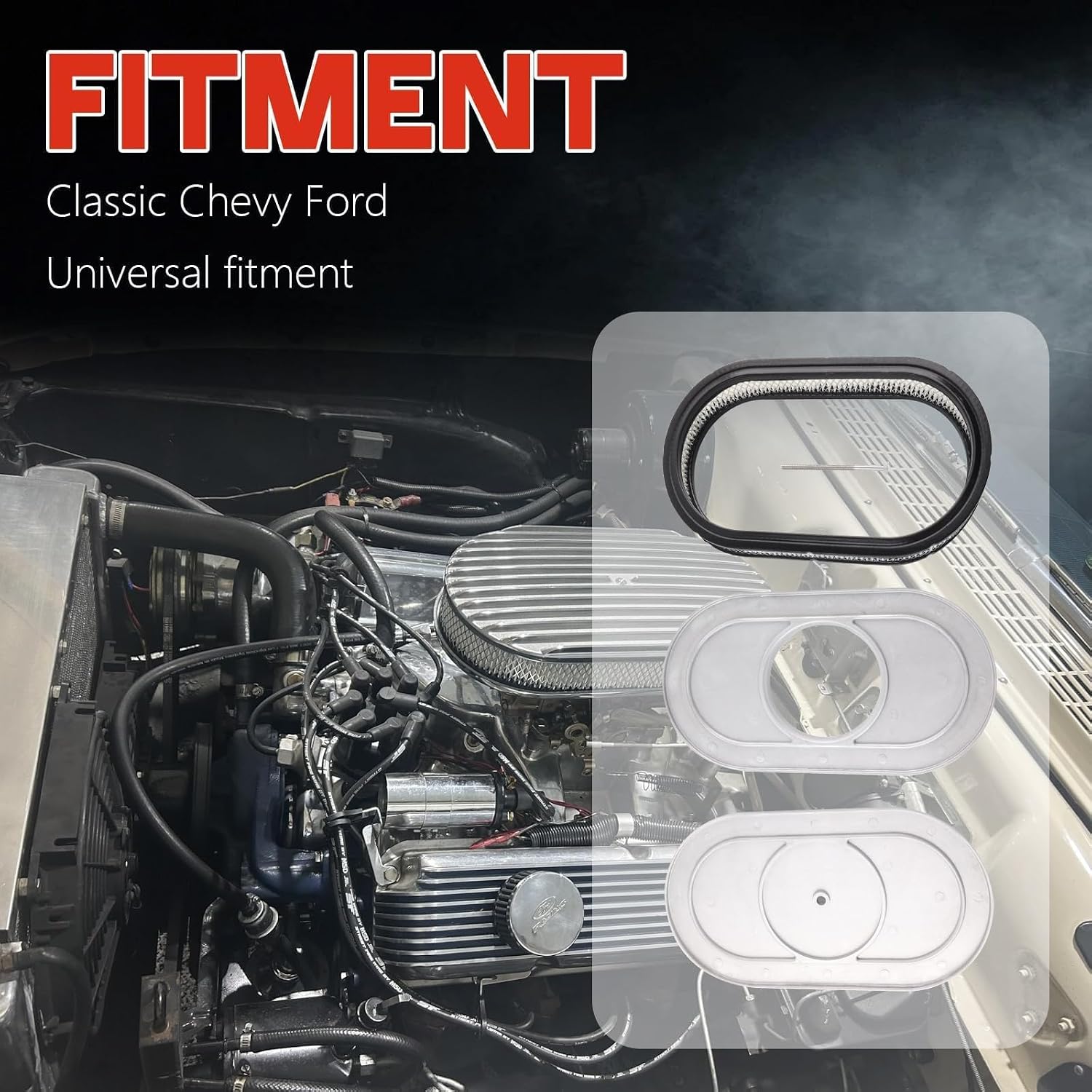 15" Oval Air Cleaner Assembly Kit, Air Cleaner for Carburetor with Filter Element, Full Polished Finned Silver Aluminum