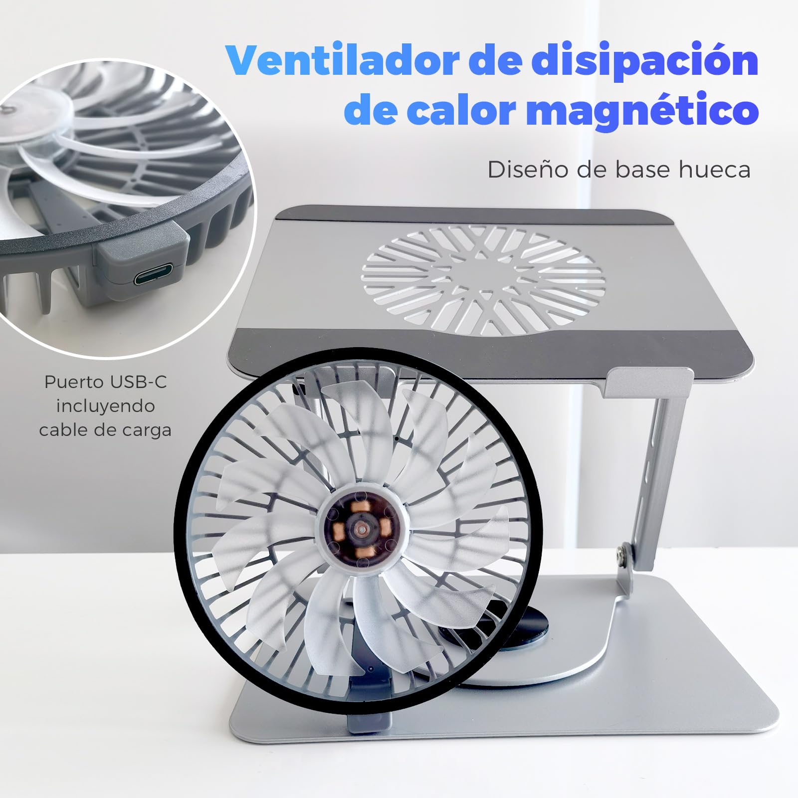 Soporte para ordenador portátil de aluminio, giratorio 360°, plegable, con ventilador magnético para refrigeración, compatible con MacBook y dispositivos de 10 a 17,3 pulgadas (gris claro)