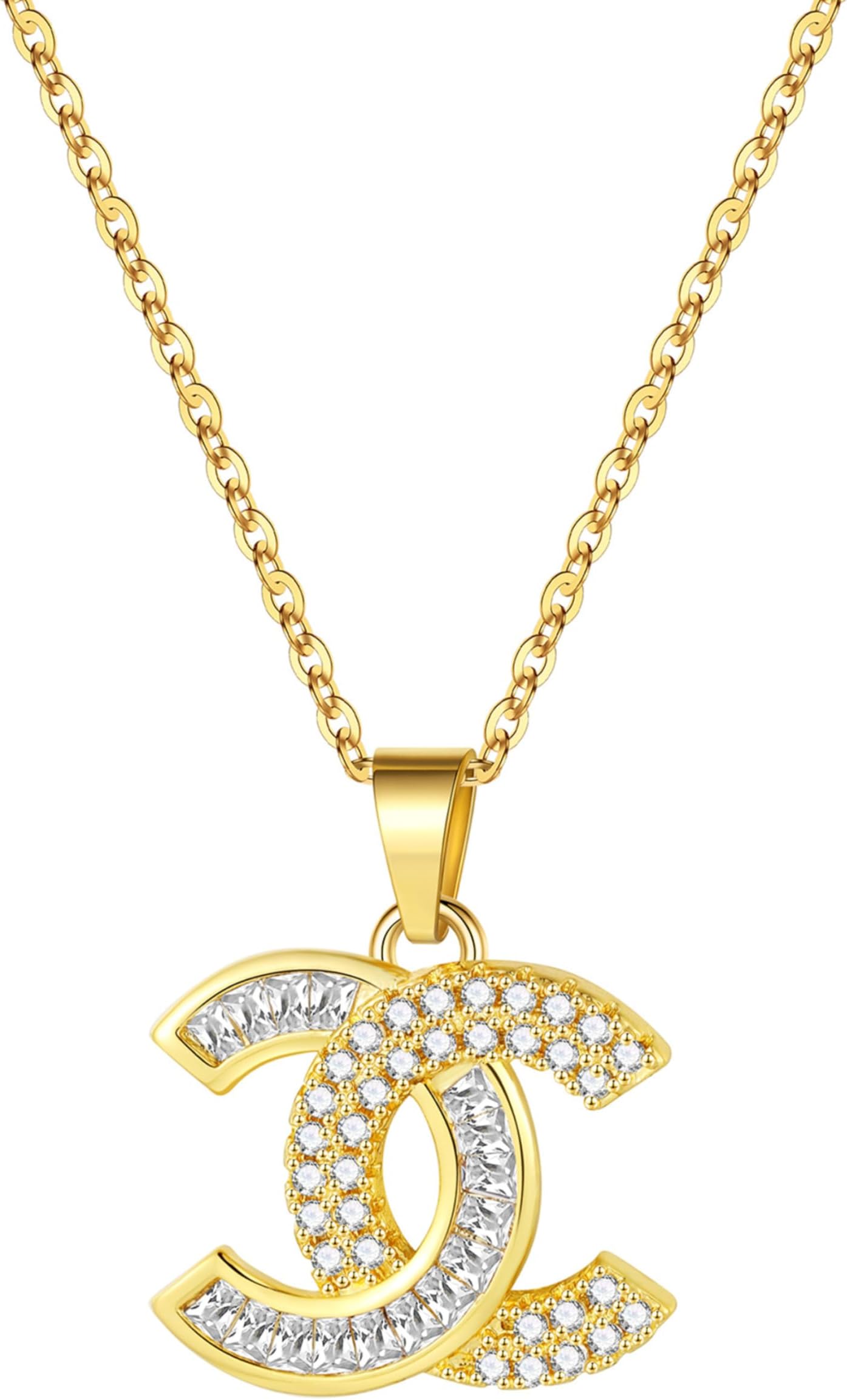 shizhenDouble C Letter Necklace CZ 18K Gold Plated Necklace for Women Jewelry Gifts