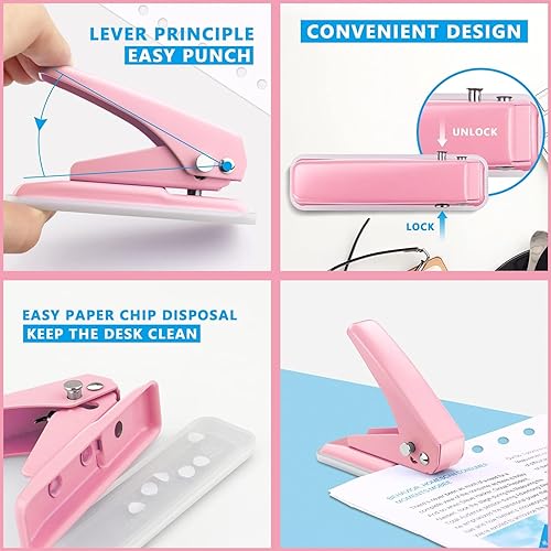 Miniatura 4 de Kit de suministros de oficina rosa para escritorio de mujer, grapadora rosa, dispensador de cinta y cinta, removedor de grapas, perforador de un