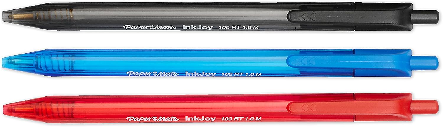 Paper Mate InkJoy 100RT Retractable Ballpoint Pens, Medium Point, Black/Red/Blue Ink, 8 Pack (1945934)