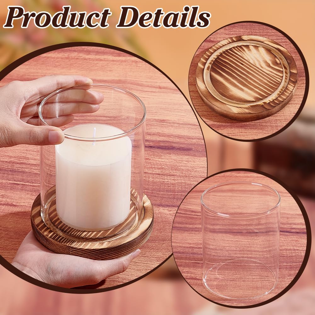 AHANDMAKER Set of 2 Hurricane Glass Candle Holders, Clear Cylinder Pillar Candle Stands with Wooden Base Decorative Candleholders for Dining Table Centerpiece Wedding Party Farmhouse Home Decor