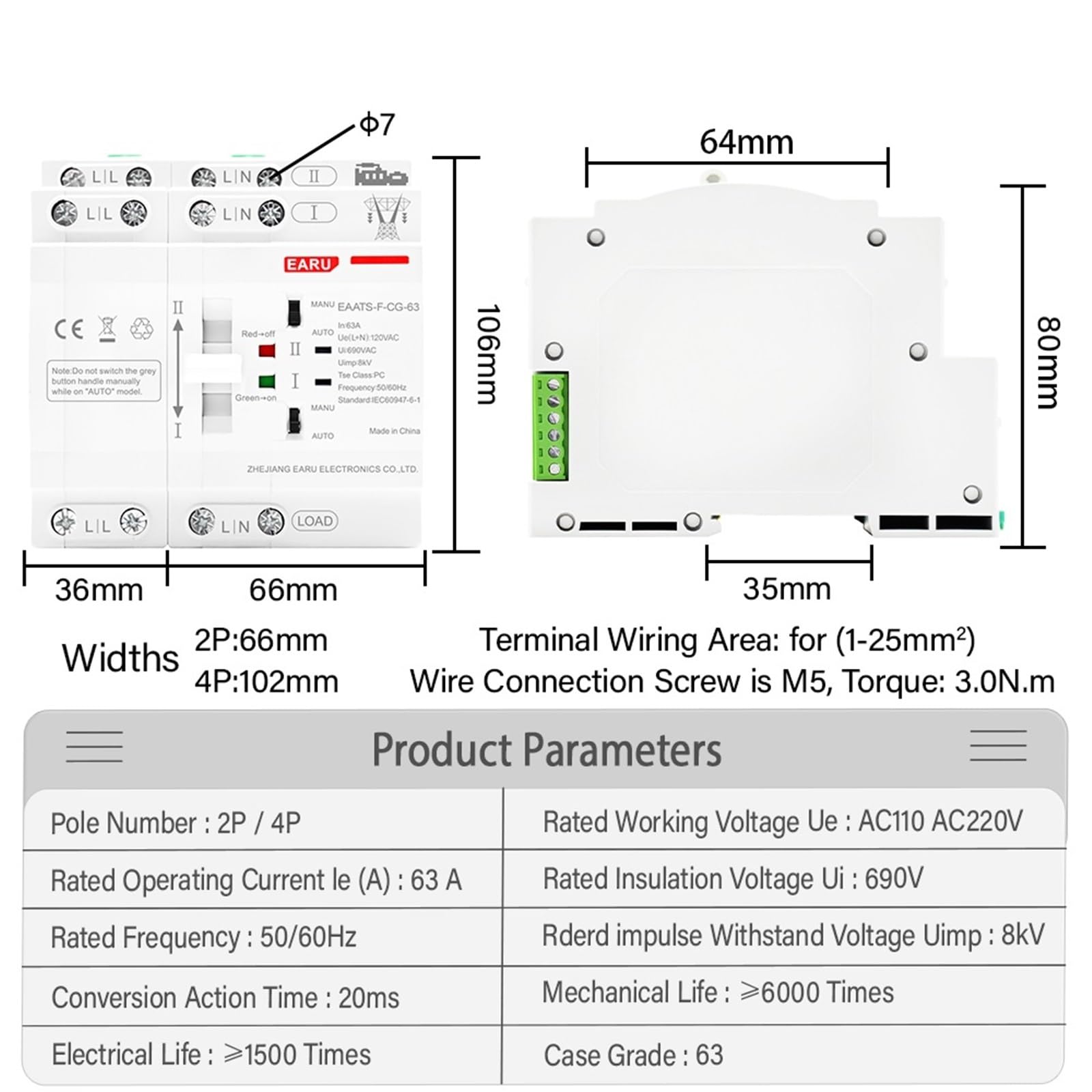 Rail 2P 4P 63A AC 110V AC 220V ATS Interruttore di trasferimento a doppia alimentazione Interruttori di selezione elettrica Alimentazione ininterrotta