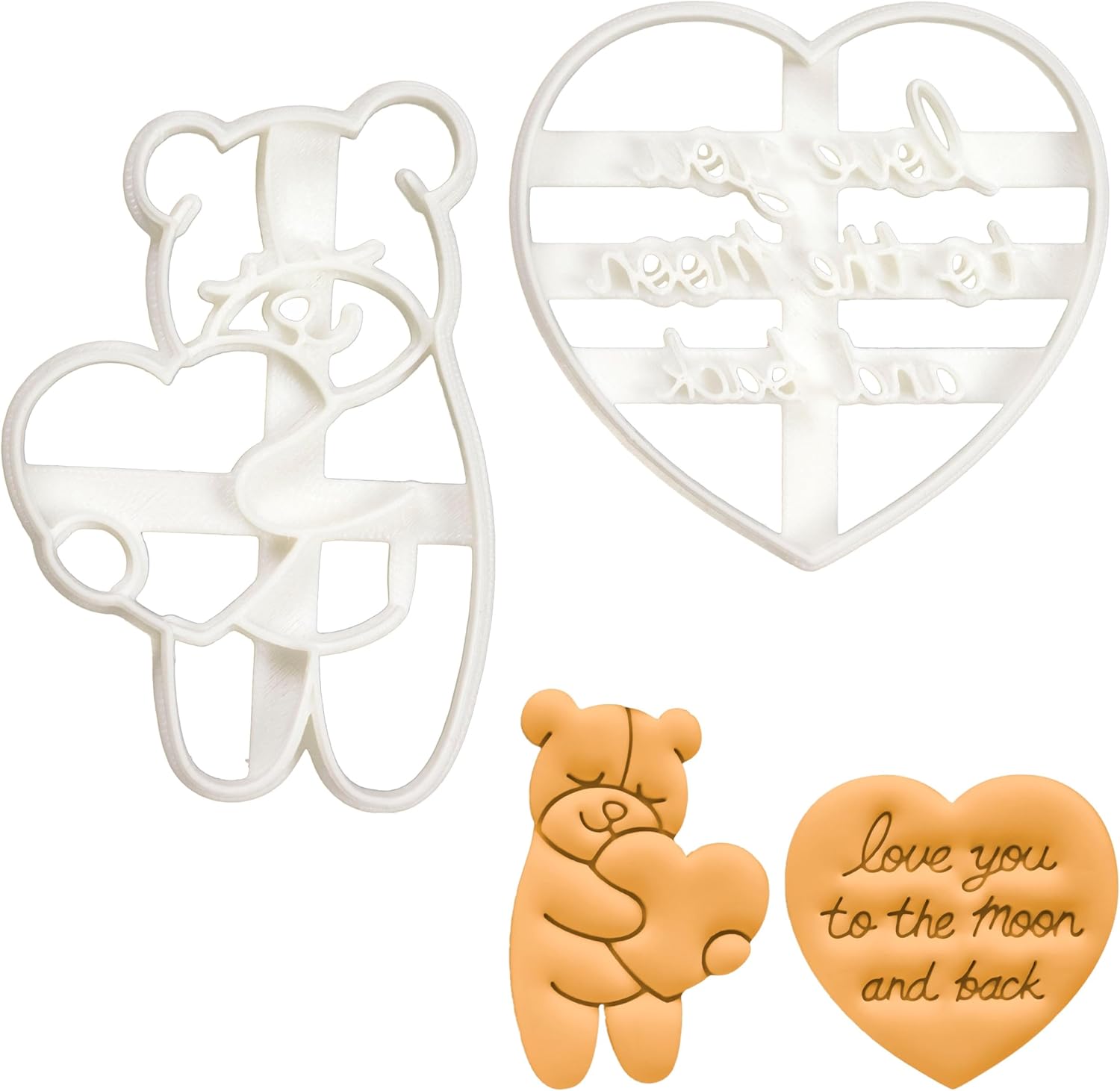 Love You to the Moon and Back in Cursive and Cute Bear Hugging a Heart cookie cutters, 2 pieces - Bakerlogy