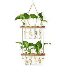Hyindoor Wall Hanging Planter Terrarium 2 Tired Iridescent Test Tube Vase Glass Planter Plant Propagation Station Plant Hangers of Rope with Wooden Stand and 8 Tubes for Hydroponic Plant Cutting