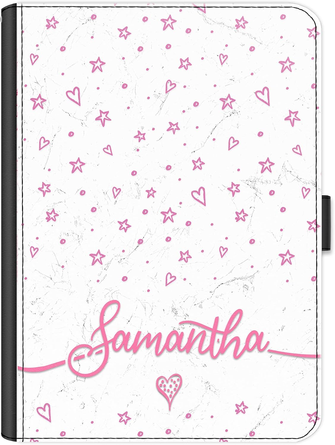 Personalized Initial Case For Apple iPad pro 12.9 inch (1st Generation) (2015), Stars Hearts White Marble Print with Pink Name, 360 Swivel Leather Side Flip Folio Cover, Marble Ipad Case with Initials