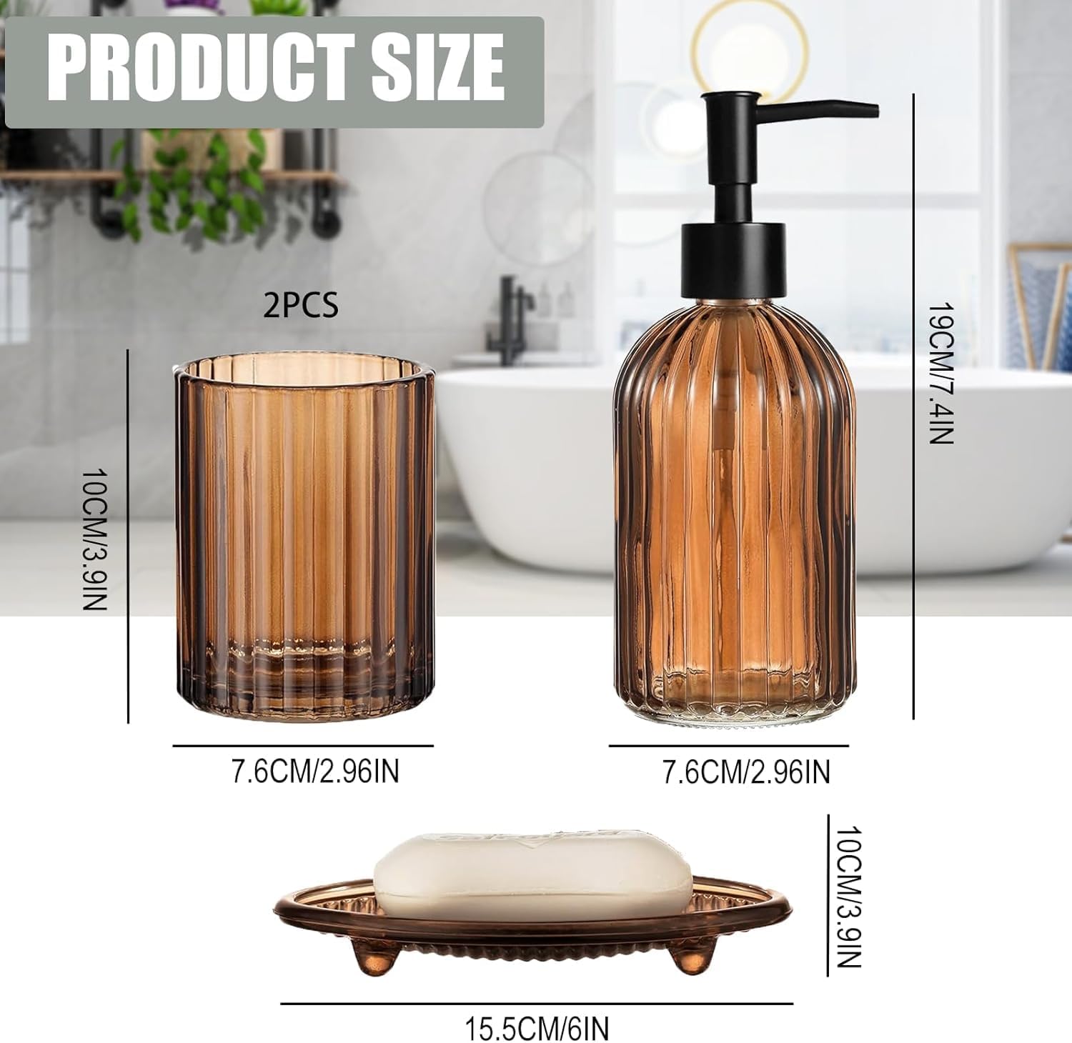 Bathroom Accessories Set, Brown Glass Bathroom Accessory Sets | Complete Includes Soap Dispenser, Toothbrush Holder, Mouthwash Cup, Soap Dish for Bath Decor, Countertop Vanity Organize