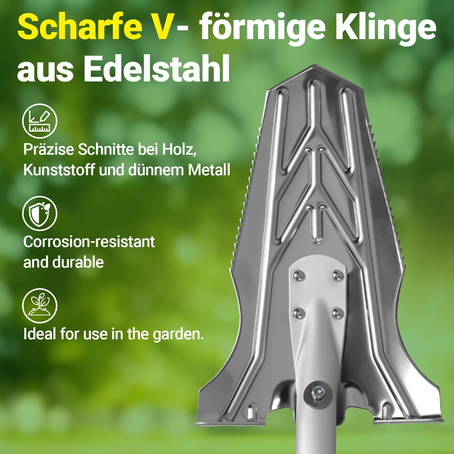 Spaten mit Wurzelsäge für Harte, steinige Böden, 120cm Wurzelspaten mit Breite Trittkante und ergonomischem Griff, V-förmiger Wurzelspaten, Stabiler Gartenspaten für leichteres Graben