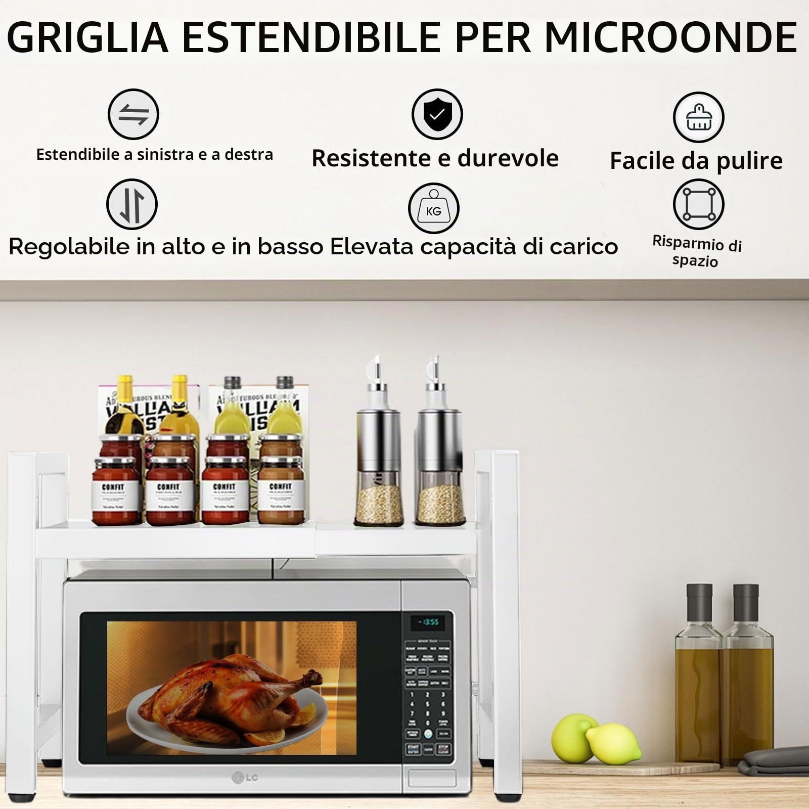 devesanter Scaffale per microonde espandibile a 2 livelli, organizer per microonde con 5 ganci, scaffale da cucina, porta spezie, piano di lavoro, scaffalature per panettieri per dimensioni da 40-64