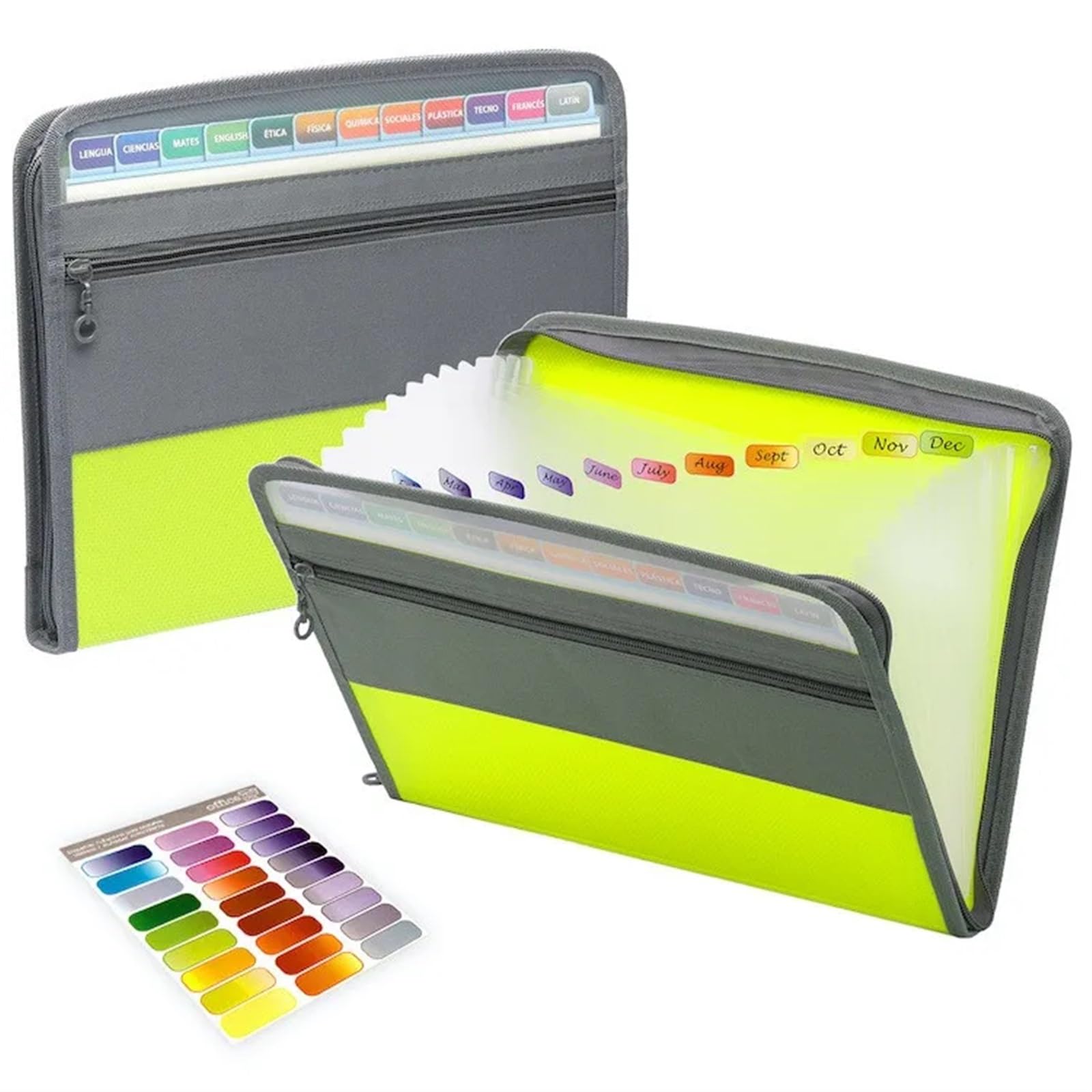 Organizador de archivos tipo acordeón de plástico, Carpeta de archivos expandible con 13 bolsillos, organizador documentos en acordeón cierre cremallera, multicolor(Green)