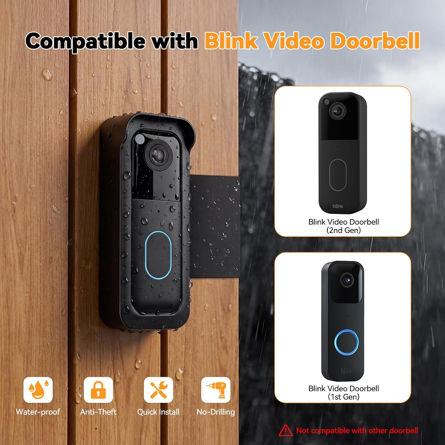 TECKNET No-Drill Mount for Blink Video Doorbell 1st & 2nd Gen, Anti-Theft Security Bracket with Rain Cover, Unobstructed View & Sensor, Easy Apartment Installation,Black