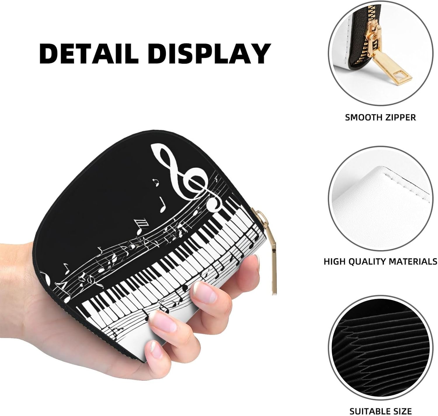 (Black White Music Note) PU Leather Card Holder Wallet Zipper Card Organizer with 12 Card Slots Compact Credit Card Case image 5