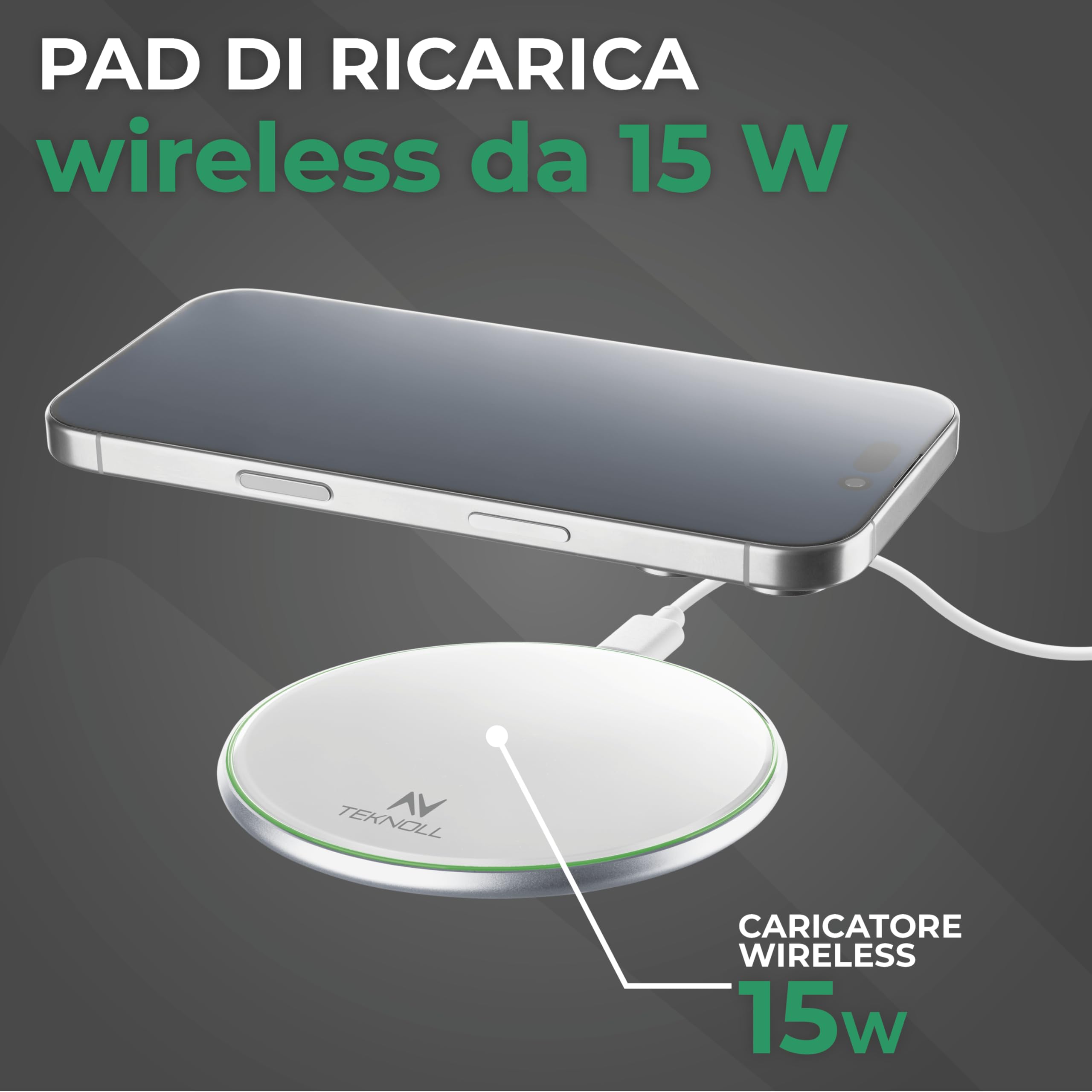 Caricatore Wireless 15W, Pad di Ricarica Rapida con LED Circolare Indicatore, Cavo USB-C 160cm Incluso, Compatibile con Smartphone Wireless, Design Ultra Sottile e Sicuro