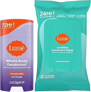 Whole Body Deodorant - Smooth Solid Stick & Flushable Deodorant Wipes - Doctor Developed - Aluminum Free, Baking Soda Free, Skin Loving - 2.6 Ounce (Soft Powder) 15 Count Wipes (Cool Cucumber)