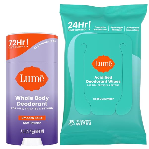 Lume Whole Body Deodorant - Smooth Solid Stick & Flushable Deodorant Wipes - Doctor Developed - Aluminum Free, Baking So