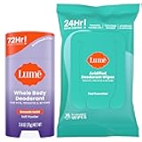 Lume Whole Body Deodorant - Smooth Solid Stick & Flushable Deodorant Wipes - Doctor Developed - Aluminum Free, Baking Soda Free, Skin Loving - 2.6 Ounce (Soft Powder) 15 Count Wipes (Cool Cucumber)