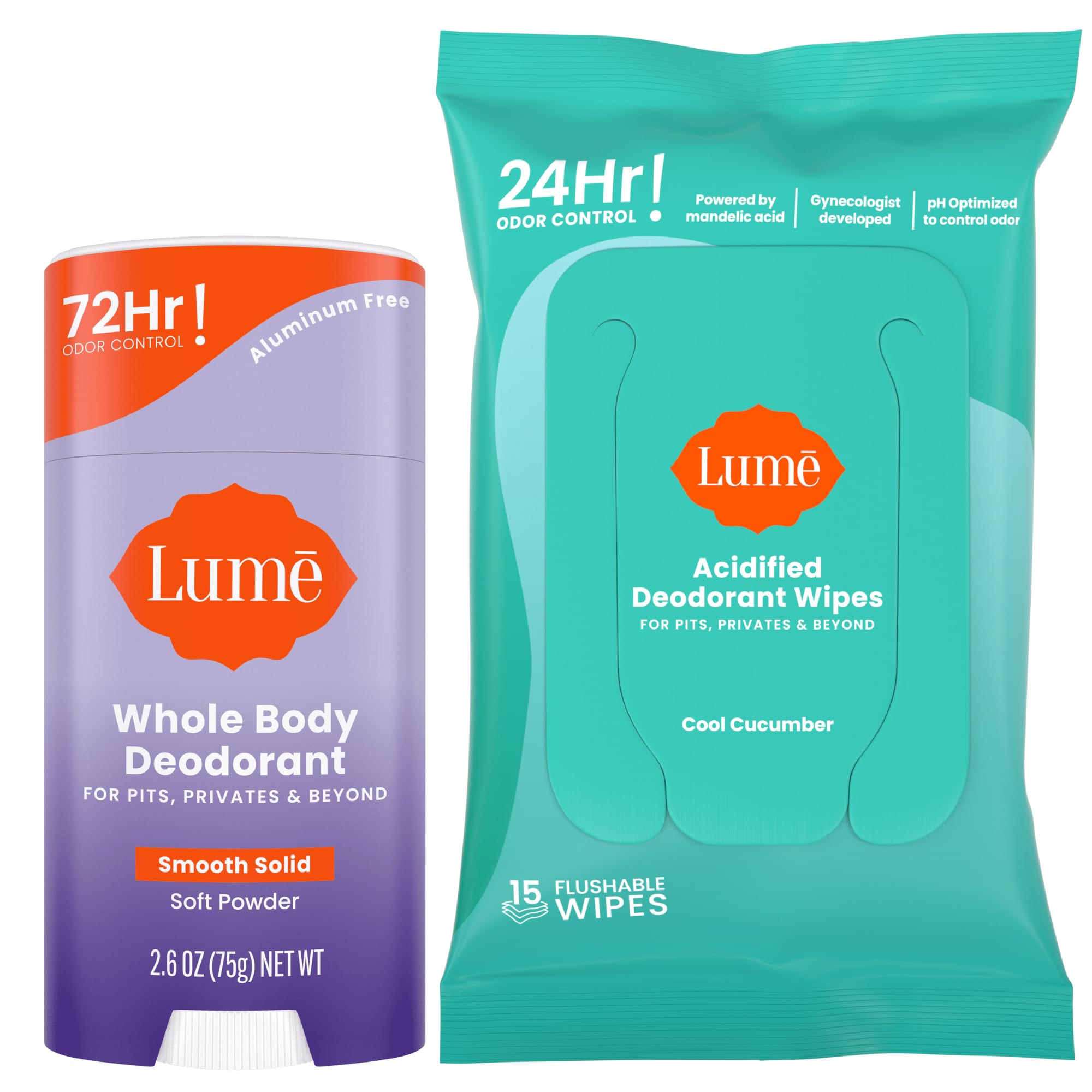 Lume Whole Body Deodorant - Smooth Solid Stick & Flushable Deodorant Wipes - Doctor Developed - Aluminum Free, Baking Soda Free, Skin Loving - 2.6