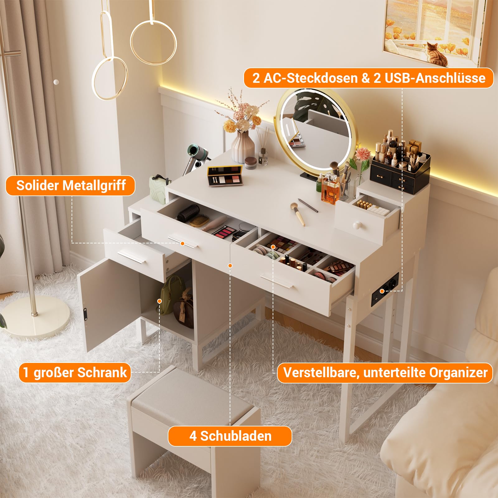 iSunirm Schminktisch ohne Spiegel, Kleiner Kosmetiktisch Weiß mit Steckdosen & 2 USB-Ports, Frisiertisch mit 4 Schubladen und reversiblem Seitenschrank, Vanity Desk/Schreibtisch für Schlafzimmer