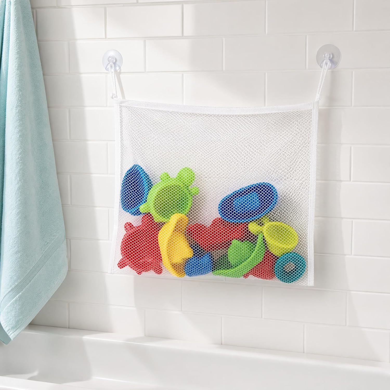 Toyvian Bath Toy Storage Bag with Strong Hook Mesh Organizer for Kids Tub Toys Bathroom Storage 14.6 Inch Drainable Toy Container