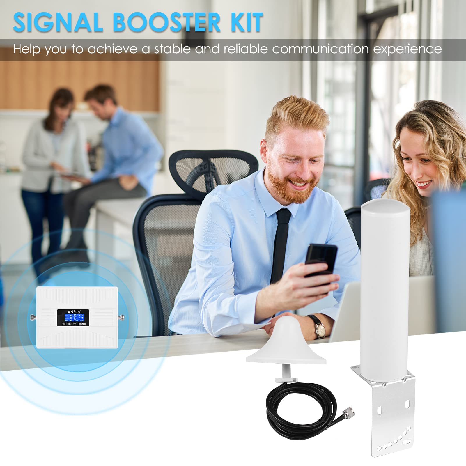Signal Booster Kit Telefon Signalverstärker Handy Signal Booster Mobile Signal Repeater Tri Band Signal Booster Repeater mit Zylinderantenne Omnidirektionale Deckenantenne 2G 3G 4G Handy