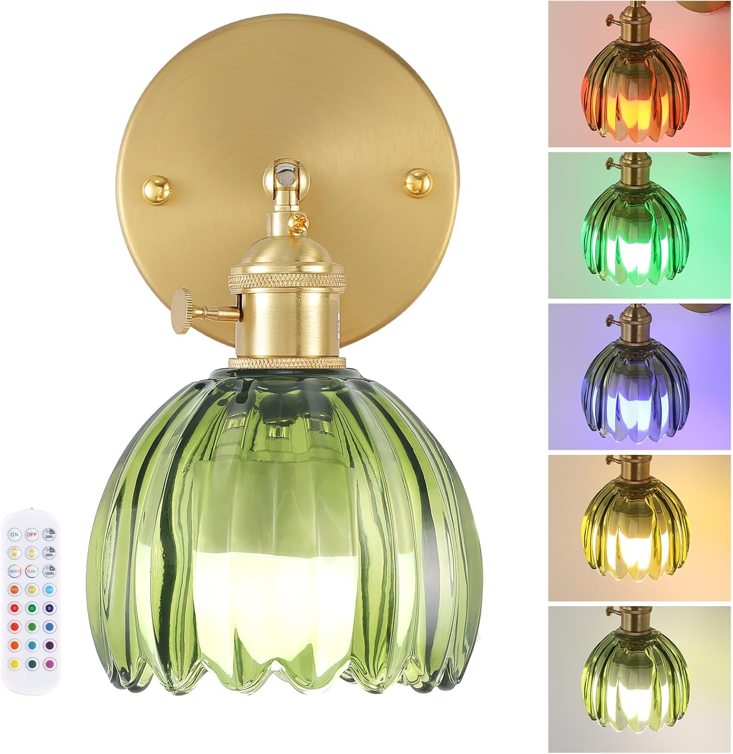 Vintage Battery Operated Wall Sconce with Green Tulip Glass Lampshade Wireless Rechargeable Battery Powered Wall Light with Remote Control for Bedside Bedroom Doorway Tulip Green Battery Operated (1 pack)