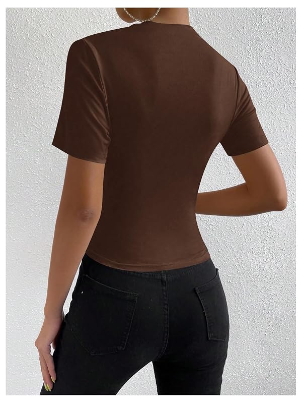 SweatyRocks Women's Ruched Mock Neck T Shirt Short Sleeve Basic Tops Coffee by SweatyRocks - Used condition - Image 2