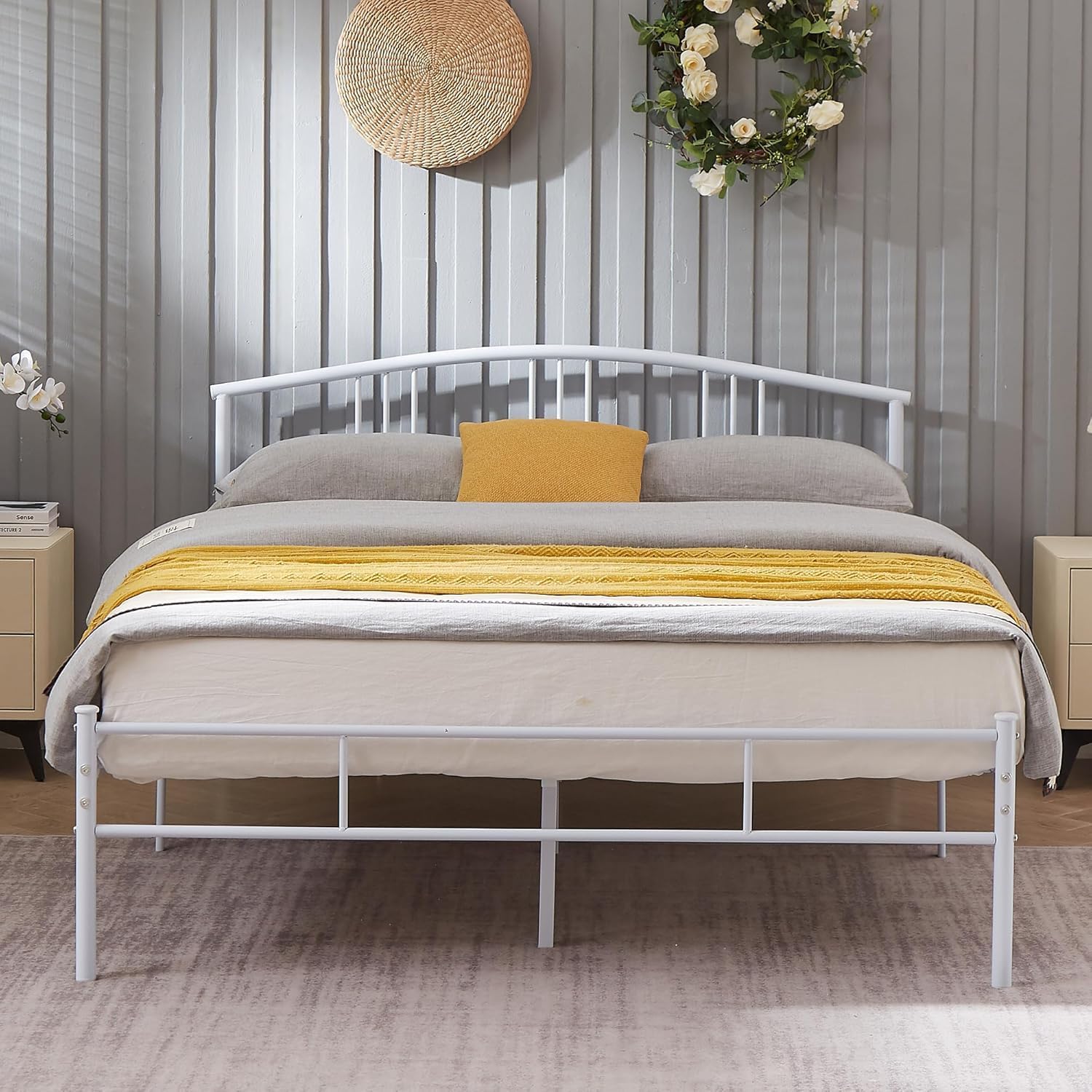 VECELO 14 inch Queen Bed Frame White Beds Metal Platform Mattress Foundation with headboard Footboard Steel Slat Support/No Box Spring Needed/Easy Assembly