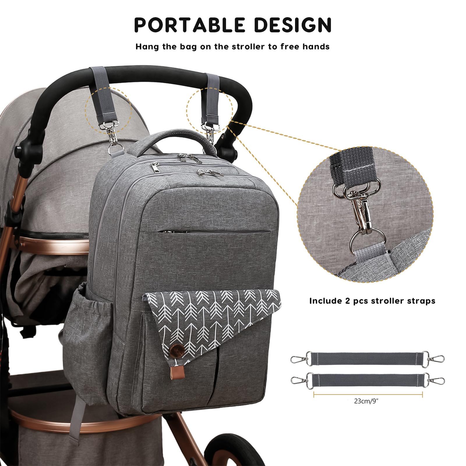 SONARIN Grande Capacità Multitasche Zaino Fasciatoio,Borsa per Pannolini Multifunzionale Impermeabile Zaino Mamma Neonato Borsa Fasciatoio da Viaggio con Ganci per Passeggino(Grigio)
