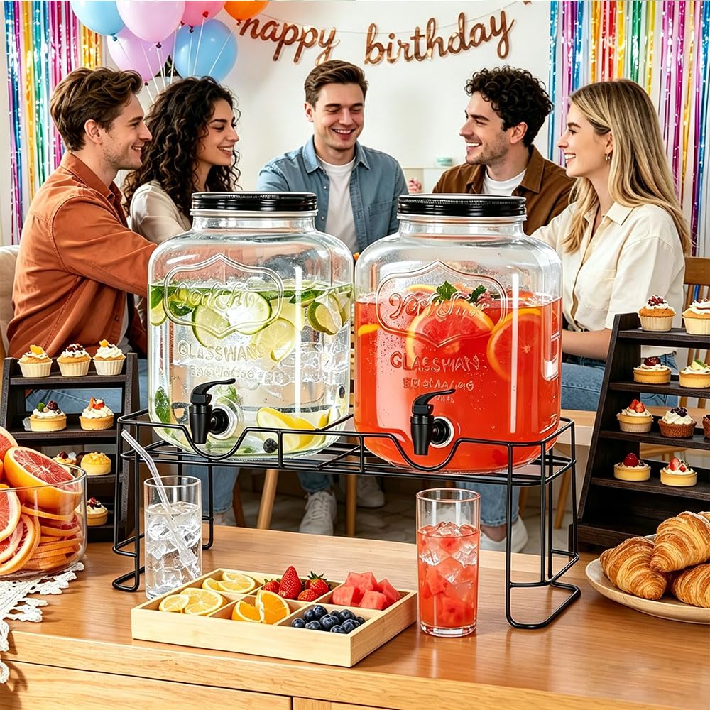 Getränkespender aus Glas mit Ständer + Küchenmatte, großer Getränkespender für Partys, Limonadenspender für Sonnentee, hausgemachter Saft, 2 Stück