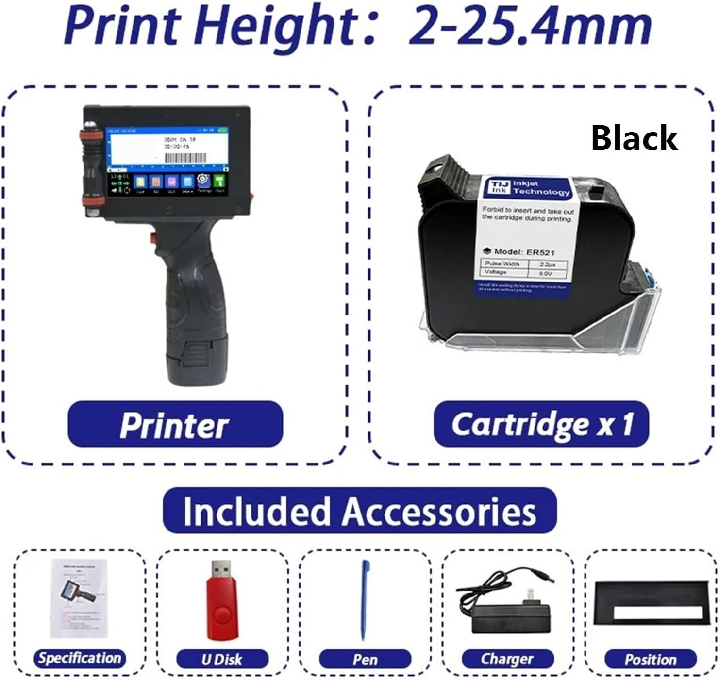 Portable 25.4mm Handheld Inkjet Printer for Batch Number Data Text QR Barcode Logo(25.4mm with Black Ink*1,UK)