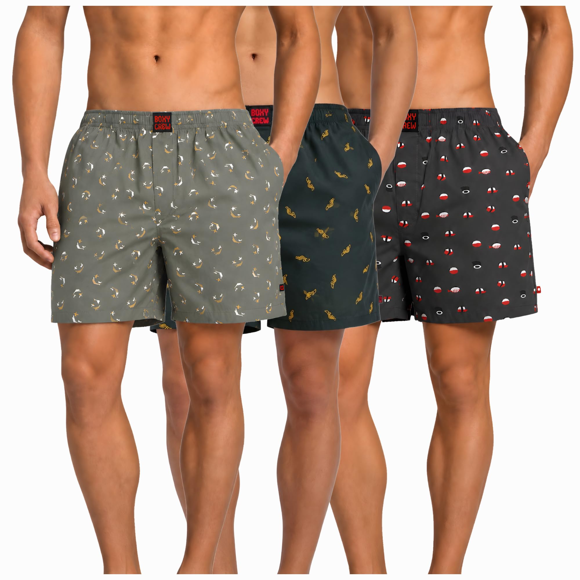 boxy crew Men's 100% Cotton Boxer Shorts Pack of 3, Green, Dark Teal & Charcoal | Woven Boxers with Side Pockets, No-Marks Elastic Waistband, Breathable Relaxed Fit | Style 008-010-012-picture-56