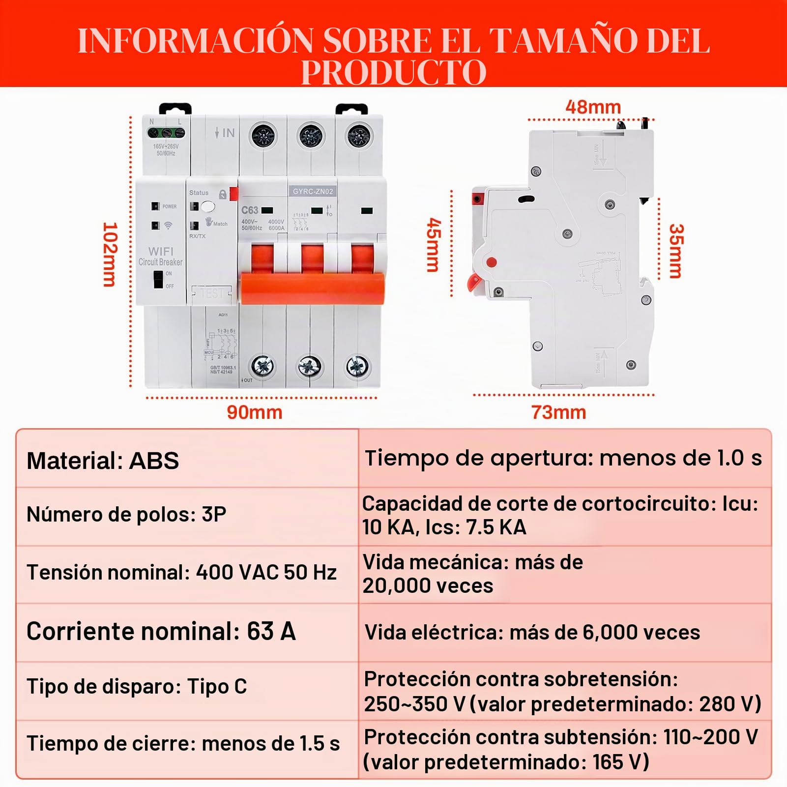 Jadeshay Disyuntor Inteligente WiFi 63A 3P 400VAC Interruptor Magnetotérmico con Rearme Automático Protección contra Sobretensión y Sobrecarga Control Remoto WiFi Compatible con Tuya y Smart Life