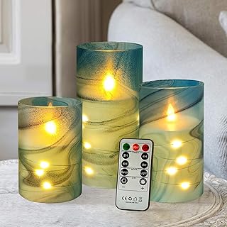Flickering Flameless Candles, Recessed String Light LED Candles 3D Wick Acrylic Battery Operated LED Pillar Candles with Remote and Timer for Modern Simple Home Decor Set of 3(Marble Printed)