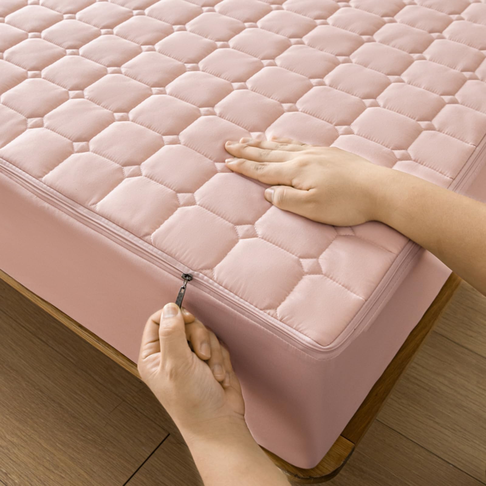 Zip Up Mattress Protector Double Customizable Quilted Mattress Cover Zipped Fitted Sheet Small Double/Single/King Mattress Topper Washable Anti-dust 360°Total Encasement Cover(160x200+30cm,Jade)