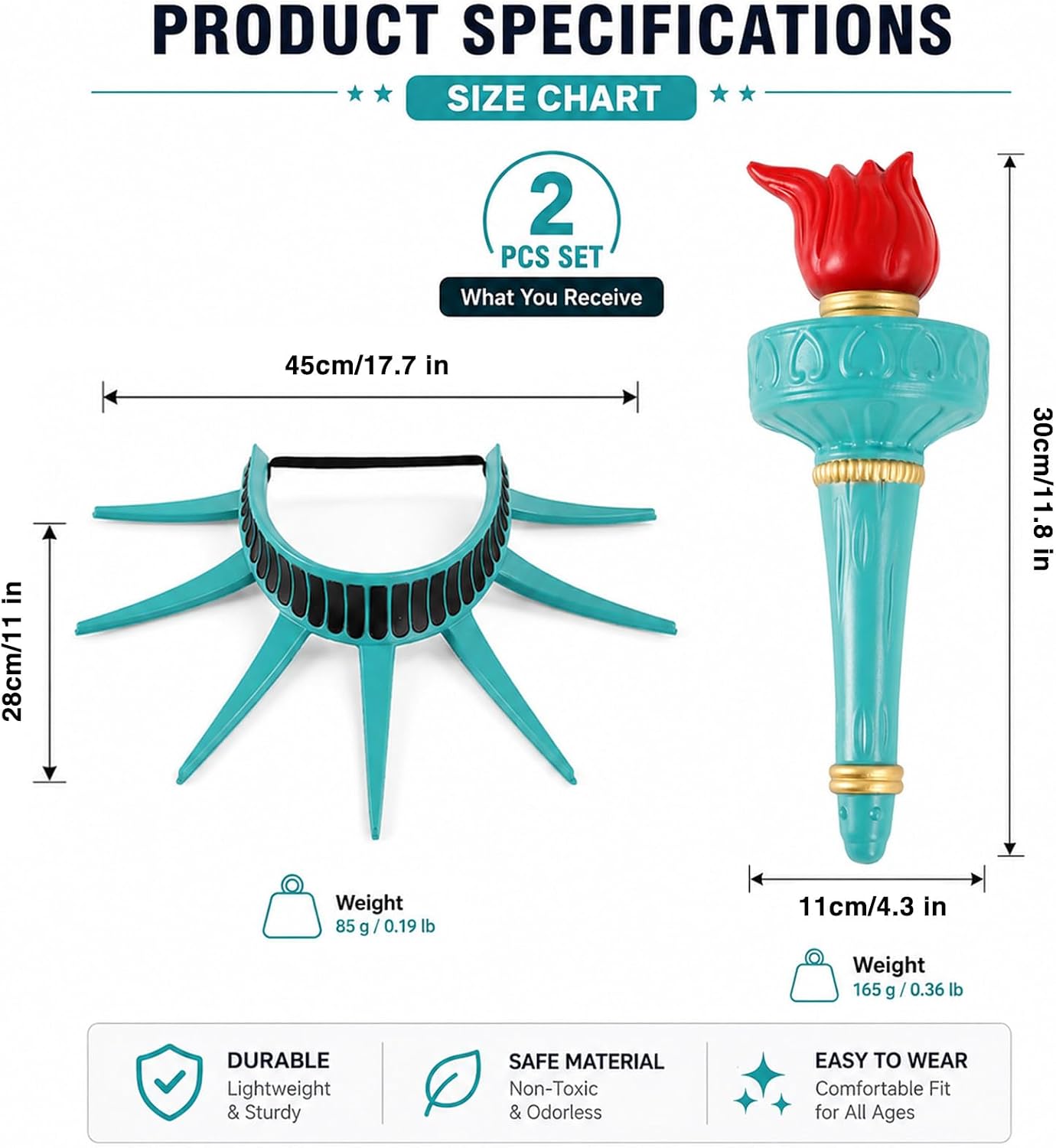 nezababycos 2PCS Statue of Liberty Crown and Torch, Lady Liberty Headband Costume Accessories Goddess Headpiece Ornament with Box for Women Independence Day Halloween Party