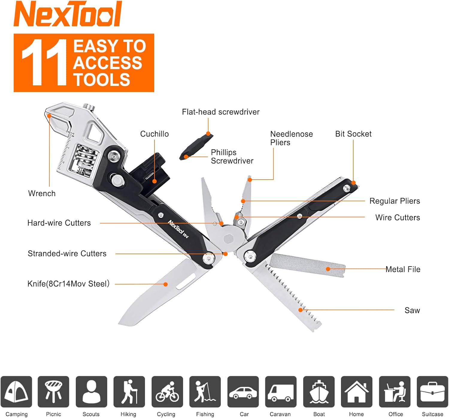 Diagram showing all 11 tools of the NexTool W4 Multitool