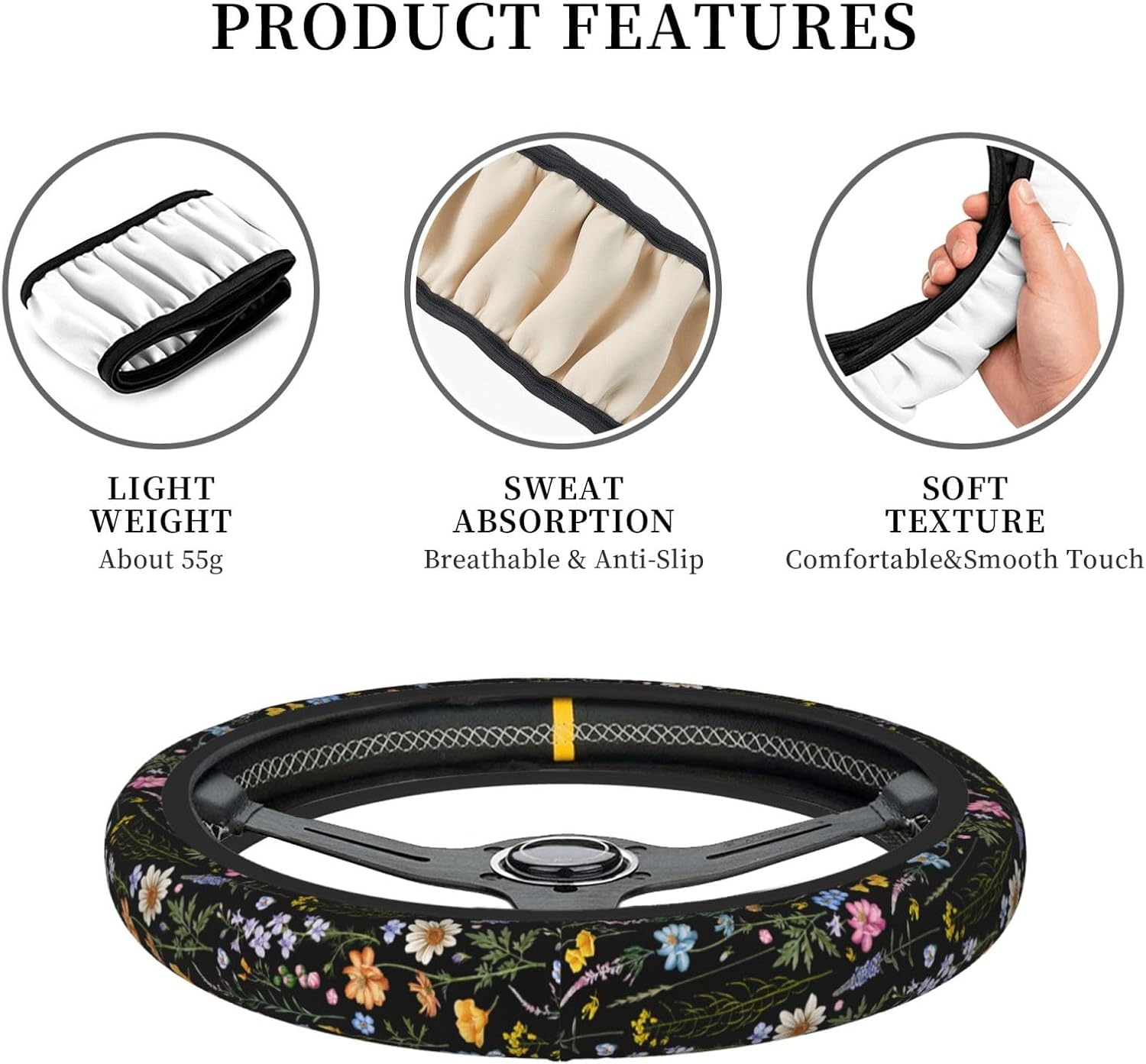 Cute Wildflower Steering Wheel Cover for Women, Universal Auto Steering Wheel 14-15 Inch Car Interior Accessories with 2PCS Car Coasters, Suitable for Men and Women