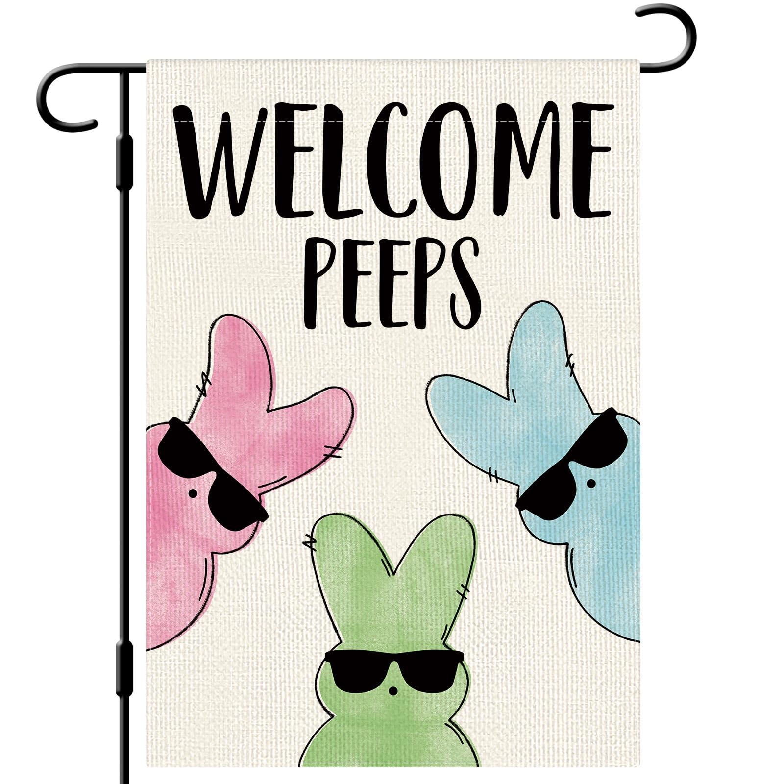 DLZDN Easter Bunny Garden Flag Welcome Peeps Garden Flag 12×18 Inch Double Sided Vertical Burlap Farmhouse Yard Flag Holiday Outdoor Decor