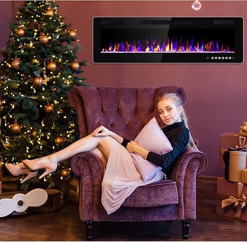 Miniatura 7 de 68 Inch Electric Fireplace Insert Ultra-Thin - Recessed & Wall-Mounted Fireplace Heater with Thermostat, Adjustable Flame, Remote Control - Linear