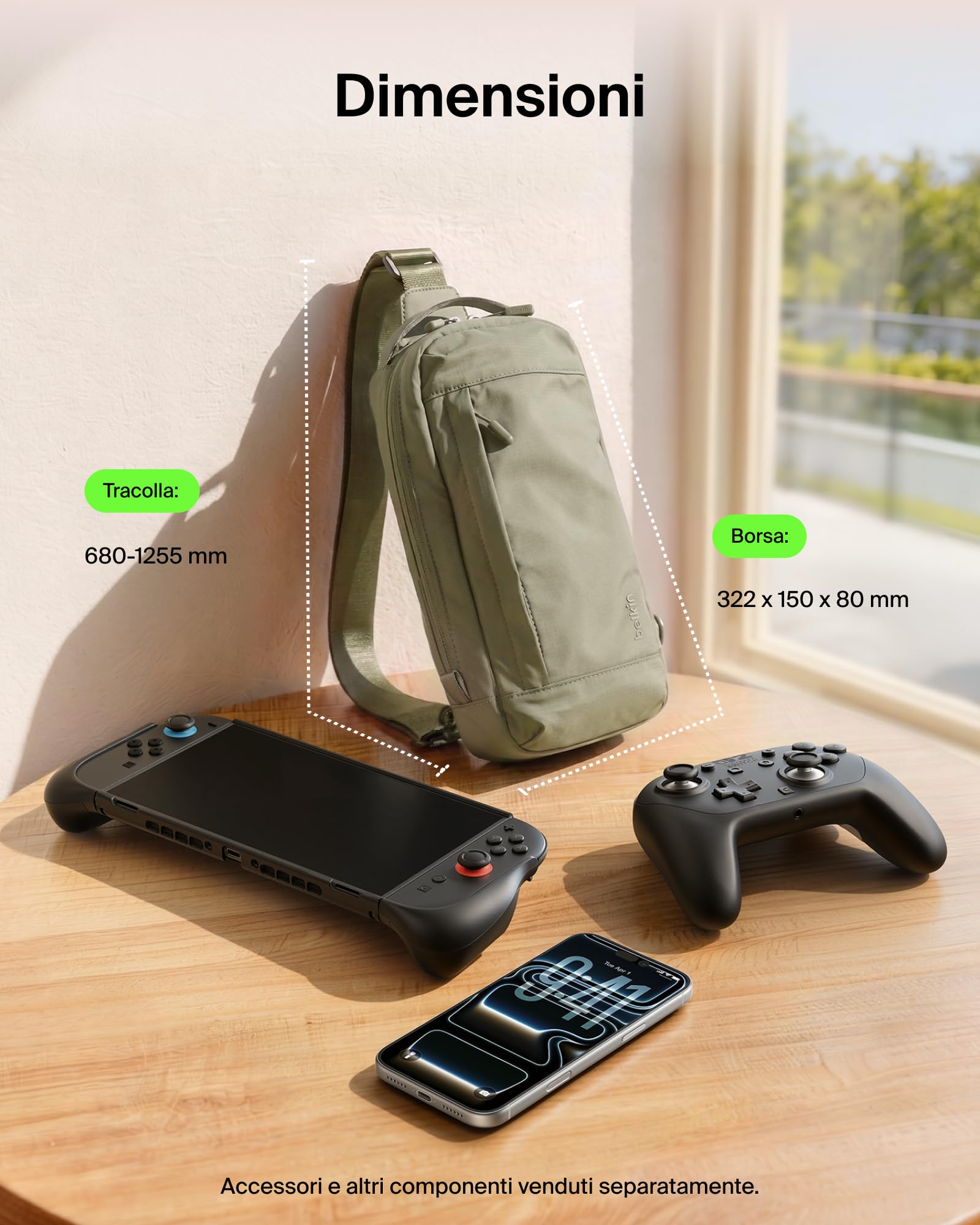 Belkin Gaming Borsa per Nintendo Switch 2 Protettiva da Viaggio - Verde | Borsa Crossbody, Custodia Protettiva da Trasporto per Accessori Console, Interno Morbido, Leggera, 10 Slot per Schede Giochi